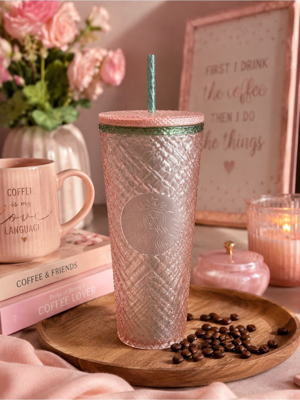 Starbucks 2023 Summer Jeweled Pearl Pink Green Tall 24oz Cold Cup Tumbler